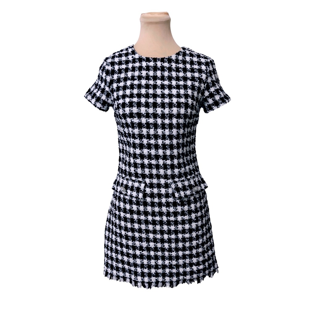 Bebop Women Tweed Plaid Mini‎ Dress XS Black White Checkered Mod Preppy Classic